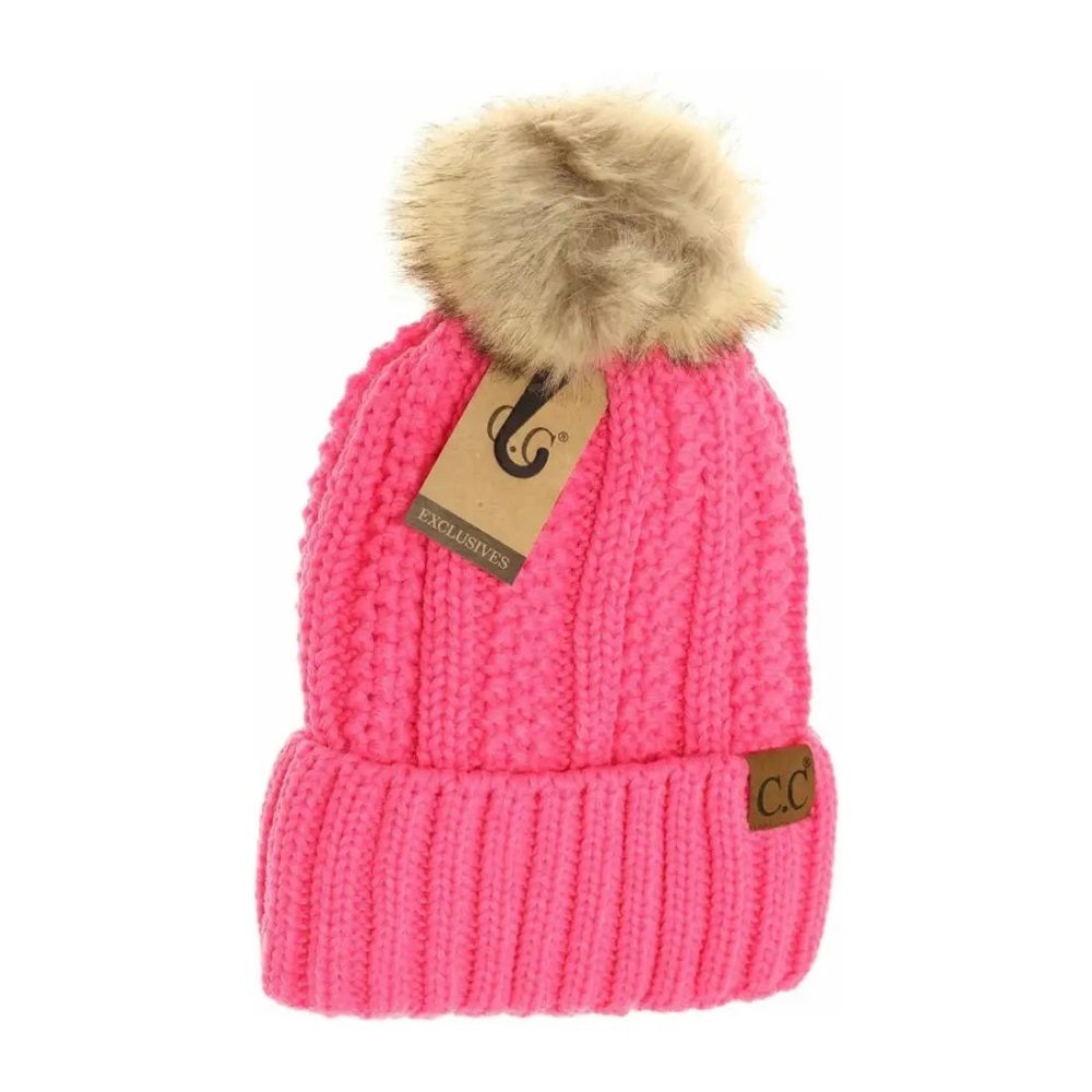 C.C Beanie Hot Candy Pink Neon Knit Fuzzy Lined Brown Faux Fur Pom